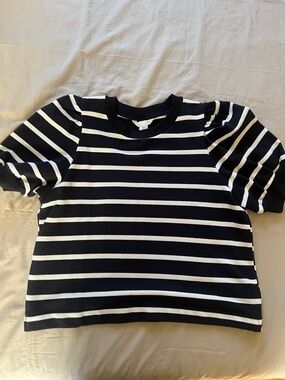 H&M Black and White Striped Puff-Sleeve Short Sleeve Top